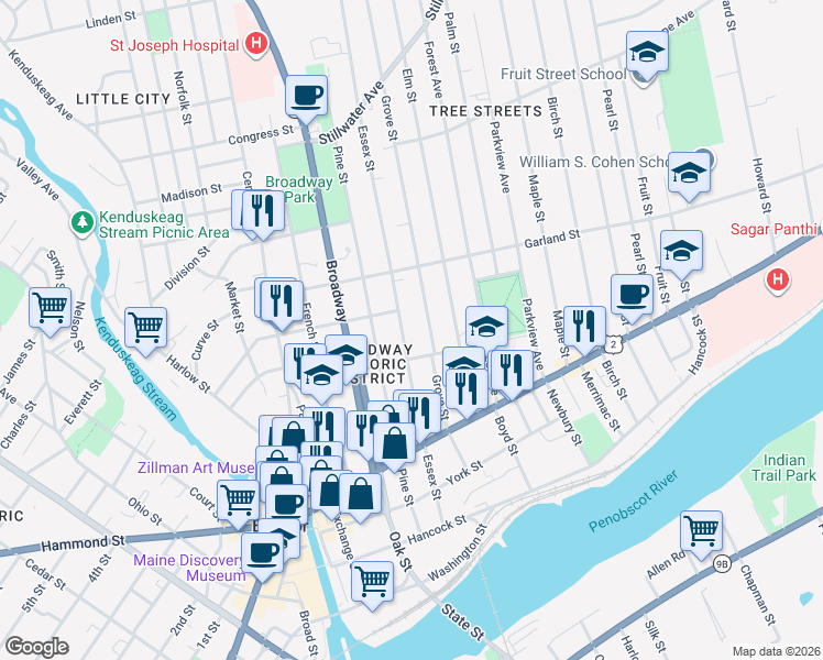 map of restaurants, bars, coffee shops, grocery stores, and more near 147 Essex Street in Bangor