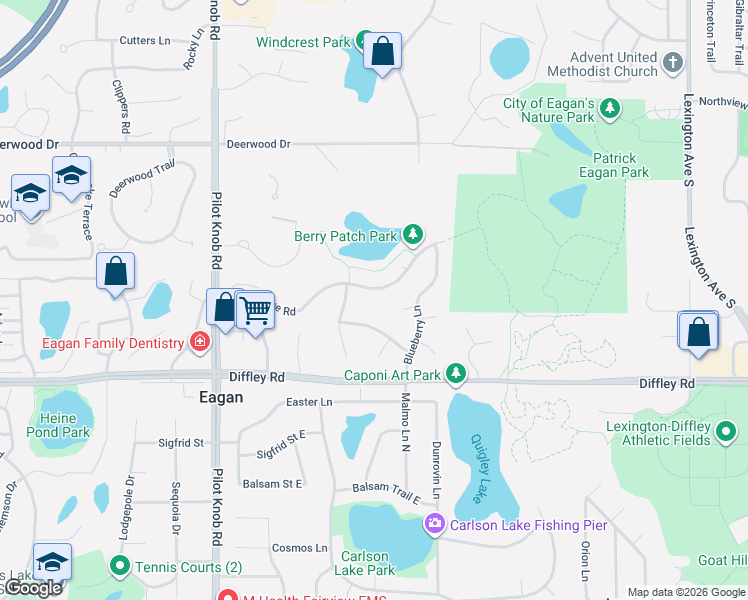 map of restaurants, bars, coffee shops, grocery stores, and more near 1315 Raspberry Lane in Eagan