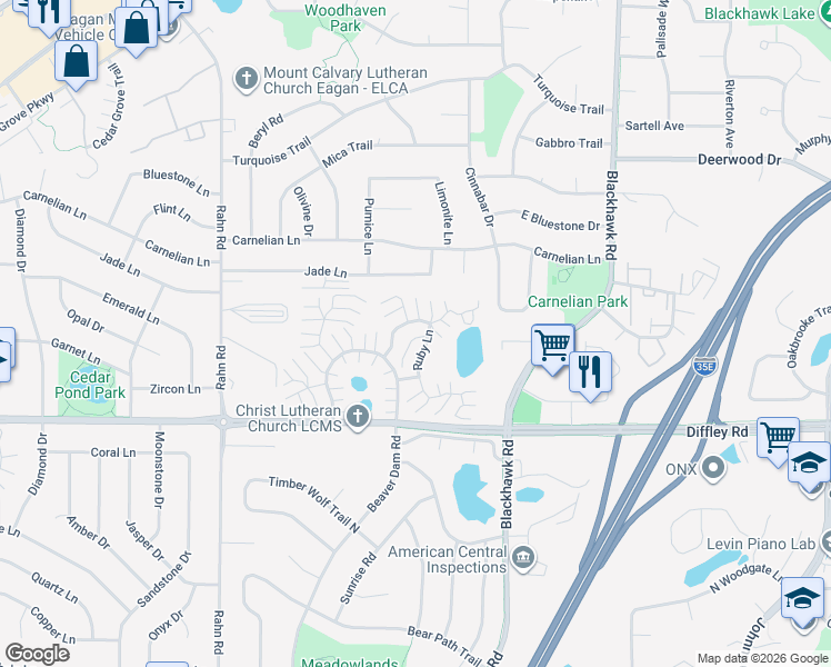 map of restaurants, bars, coffee shops, grocery stores, and more near 4130 Ruby Lane in Eagan