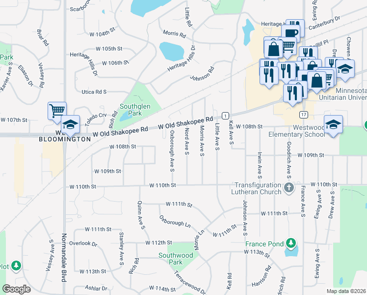 map of restaurants, bars, coffee shops, grocery stores, and more near 10849 Oxborough Avenue South in Minneapolis