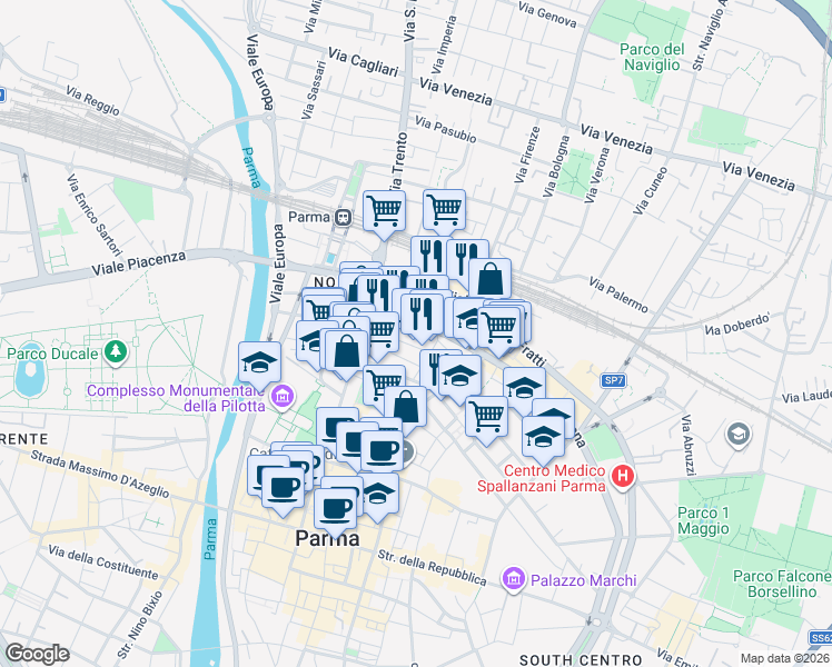 map of restaurants, bars, coffee shops, grocery stores, and more near 47 Strada XX Settembre in Parma