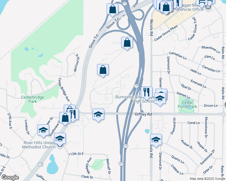 map of restaurants, bars, coffee shops, grocery stores, and more near 2243 Creekside Court in Eagan