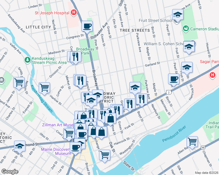 map of restaurants, bars, coffee shops, grocery stores, and more near 172 Pine Street in Glenburn