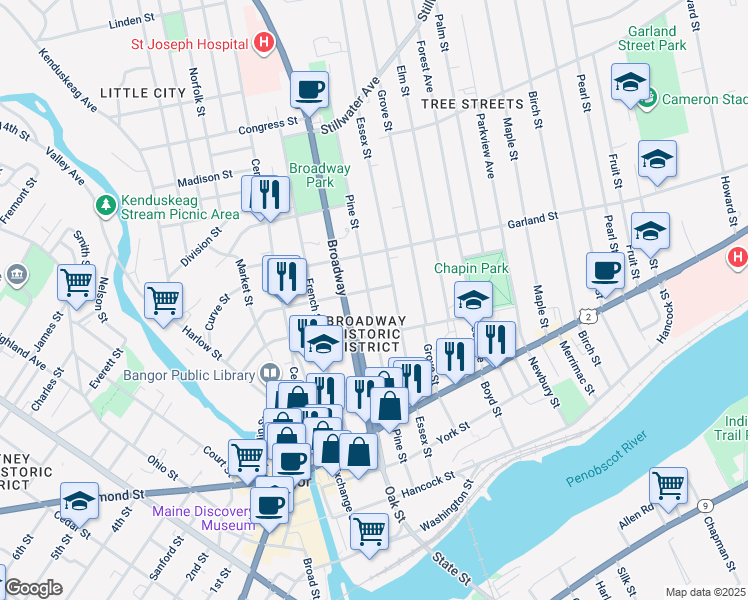 map of restaurants, bars, coffee shops, grocery stores, and more near 172 Pine Street in Glenburn
