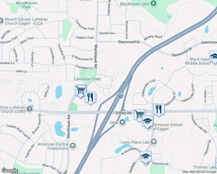map of restaurants, bars, coffee shops, grocery stores, and more near 4140 Meadowlark Way in Eagan