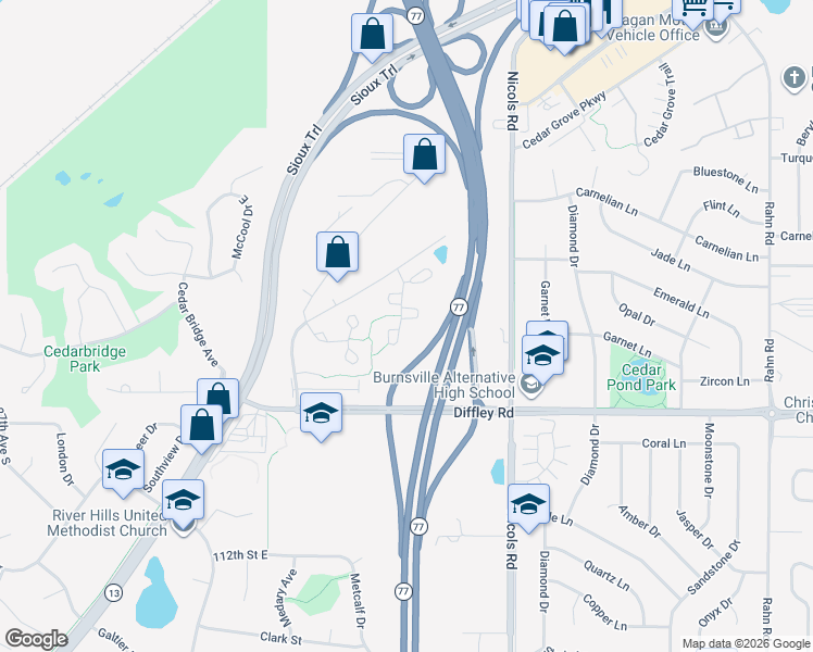 map of restaurants, bars, coffee shops, grocery stores, and more near 4186 Running Brook Road in Eagan
