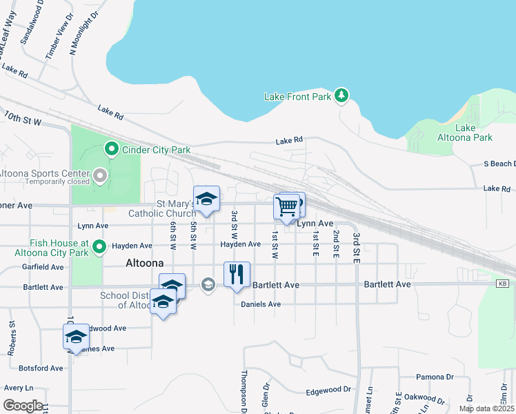 map of restaurants, bars, coffee shops, grocery stores, and more near 1527 Spooner Avenue in Altoona