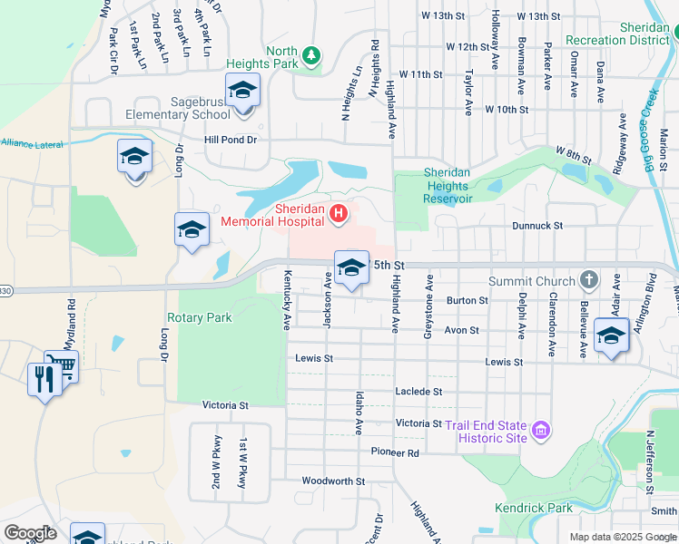 map of restaurants, bars, coffee shops, grocery stores, and more near 1399 Burton Street in Sheridan