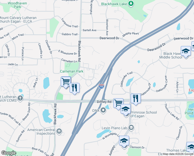 map of restaurants, bars, coffee shops, grocery stores, and more near 4140 Meadowlark Way in Eagan