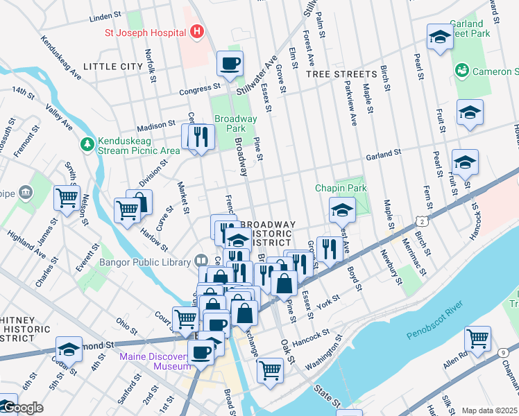 map of restaurants, bars, coffee shops, grocery stores, and more near 143 Broadway in Bangor