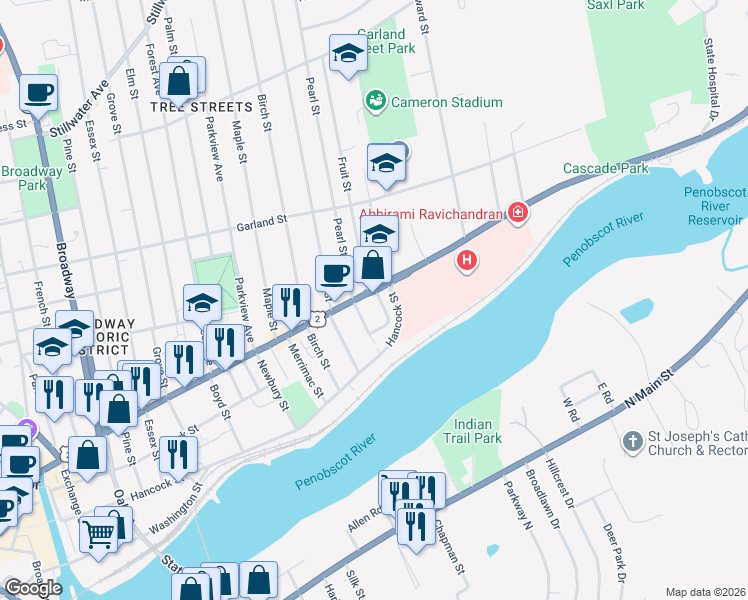 map of restaurants, bars, coffee shops, grocery stores, and more near 20 Spruce Street in Glenburn