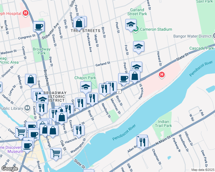 map of restaurants, bars, coffee shops, grocery stores, and more near 15 Maple Street in Bangor