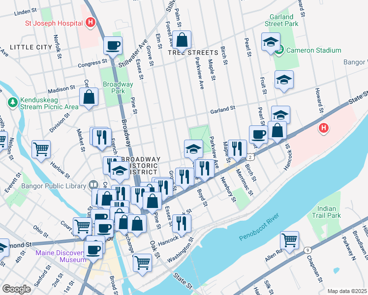 map of restaurants, bars, coffee shops, grocery stores, and more near 117 Somerset Street in Bangor