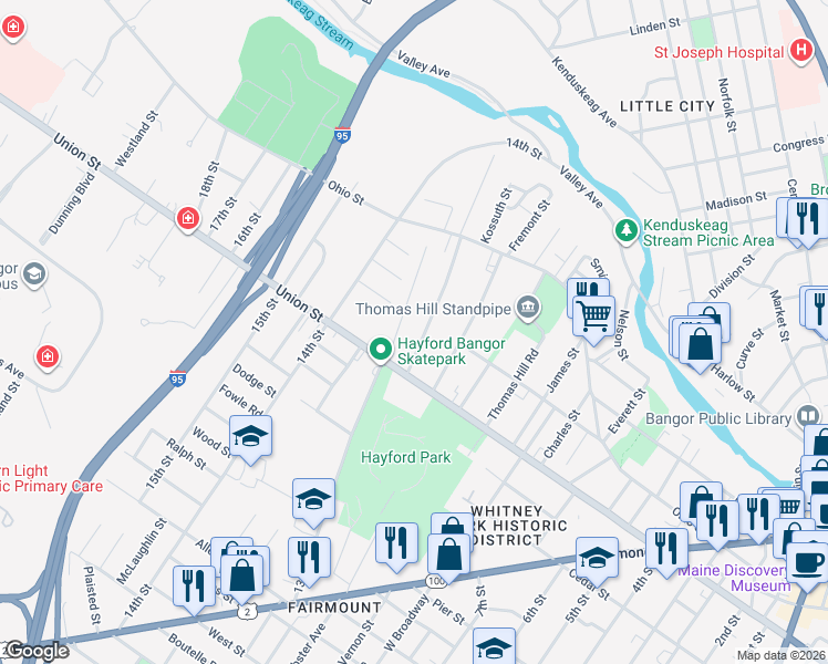 map of restaurants, bars, coffee shops, grocery stores, and more near 102 Wiley Street in Bangor