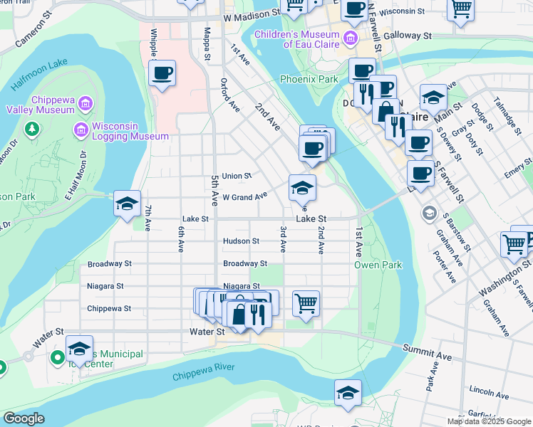 map of restaurants, bars, coffee shops, grocery stores, and more near 606 3rd Avenue in Eau Claire