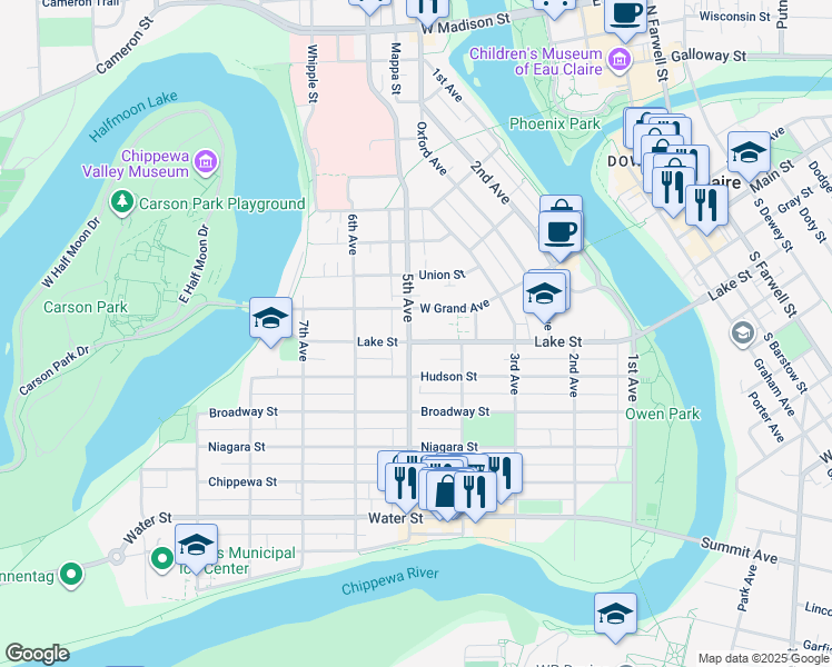 map of restaurants, bars, coffee shops, grocery stores, and more near 434 Hudson Street in Eau Claire