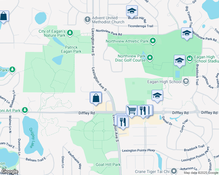 map of restaurants, bars, coffee shops, grocery stores, and more near 4140 Lexington Avenue South in Eagan