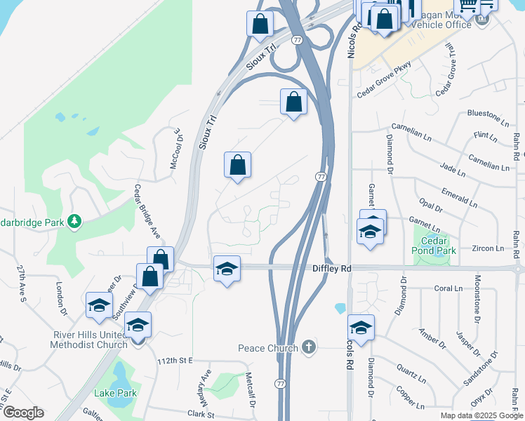 map of restaurants, bars, coffee shops, grocery stores, and more near 2160 Water Lilly Lane in Eagan