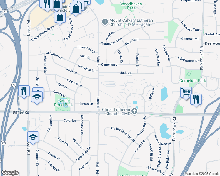 map of restaurants, bars, coffee shops, grocery stores, and more near 4130 Rahn Road in Eagan