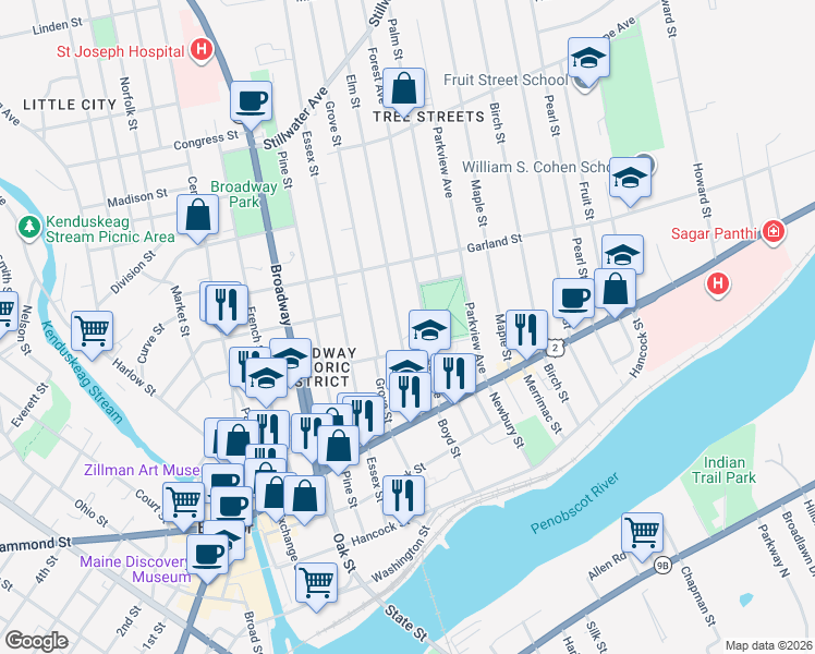 map of restaurants, bars, coffee shops, grocery stores, and more near 117 Somerset Street in Bangor