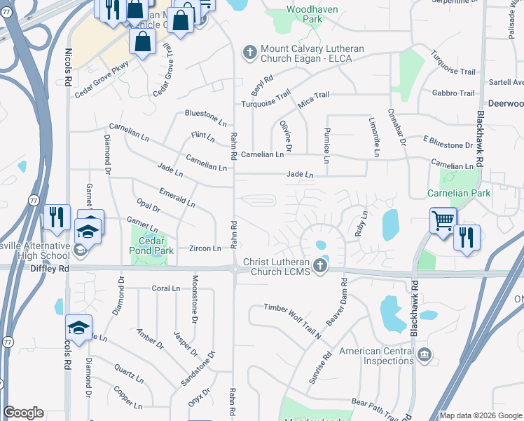 map of restaurants, bars, coffee shops, grocery stores, and more near 1966 Glenfield Court in Eagan