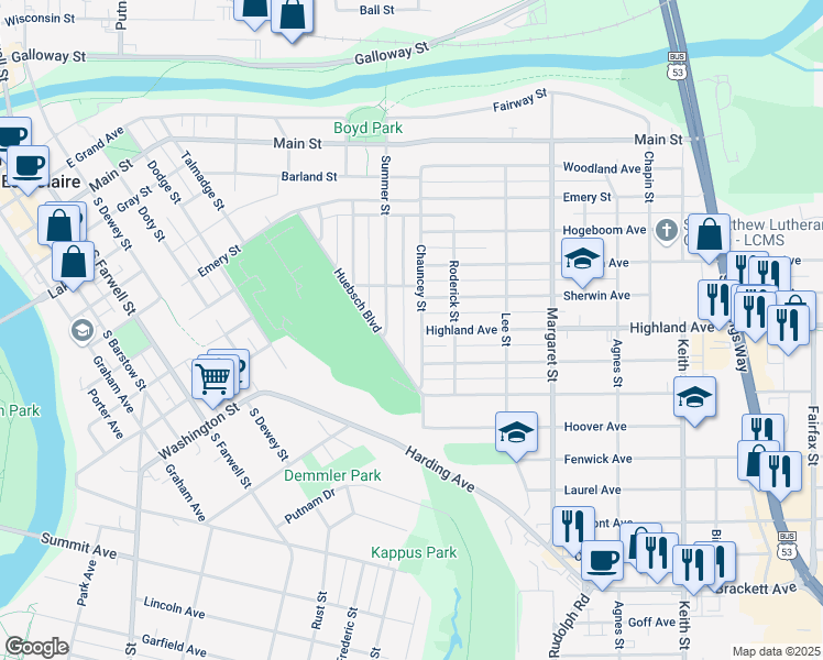 map of restaurants, bars, coffee shops, grocery stores, and more near 1304 Lyndale Avenue in Eau Claire