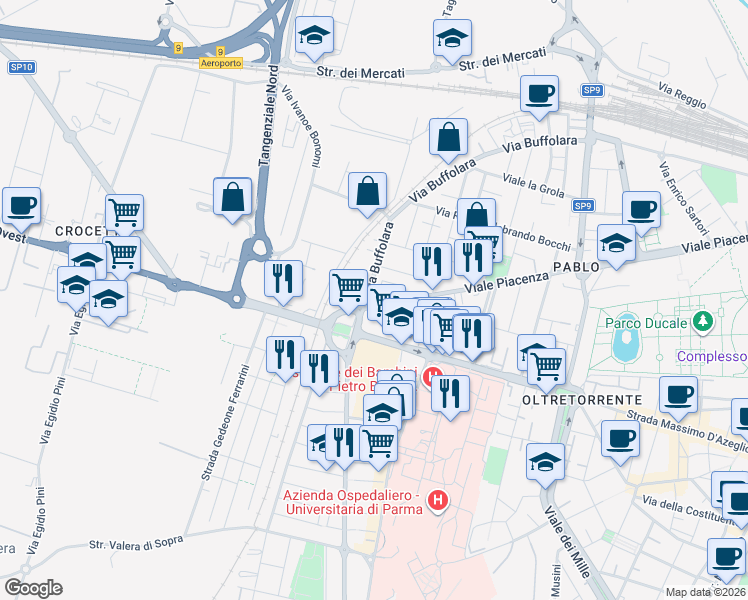 map of restaurants, bars, coffee shops, grocery stores, and more near 11 Via Gramsci in Parma