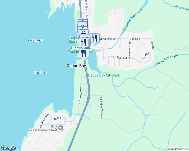 map of restaurants, bars, coffee shops, grocery stores, and more near 305 Shell Avenue in Depoe Bay