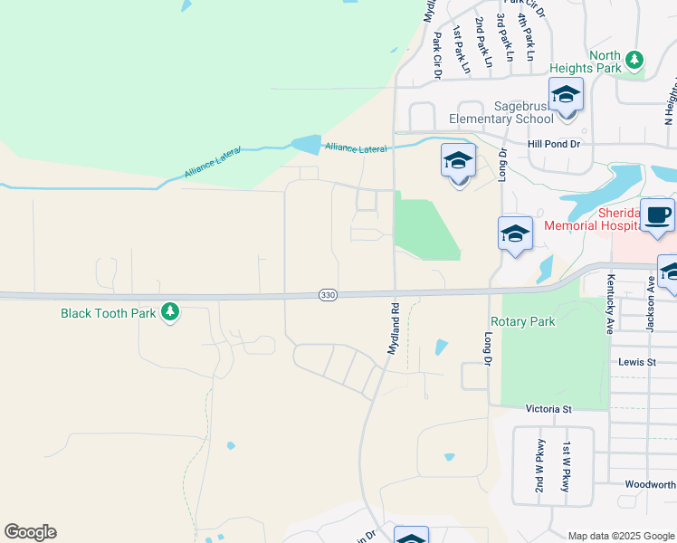 map of restaurants, bars, coffee shops, grocery stores, and more near 1120 Mydland Road in Sheridan