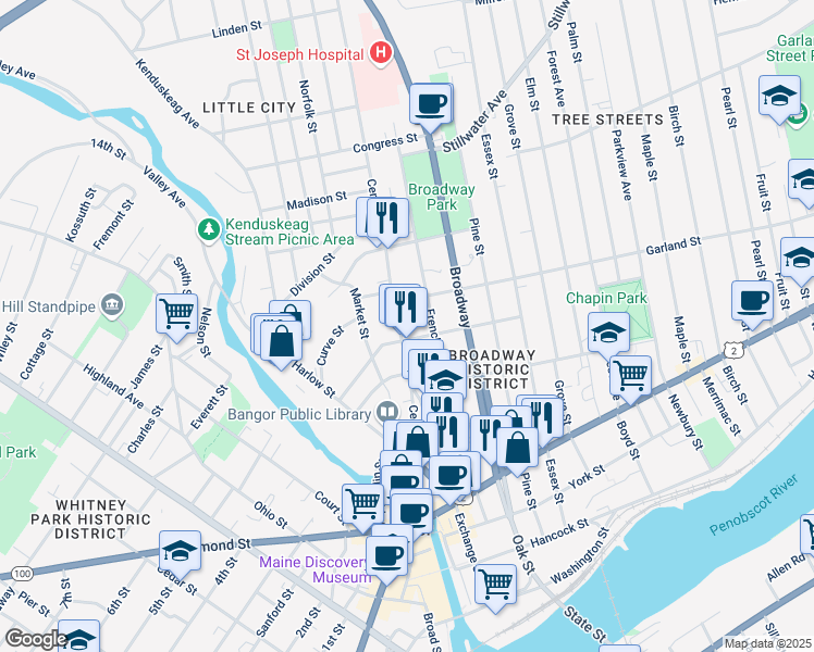 map of restaurants, bars, coffee shops, grocery stores, and more near 19 Garland Street in Bangor