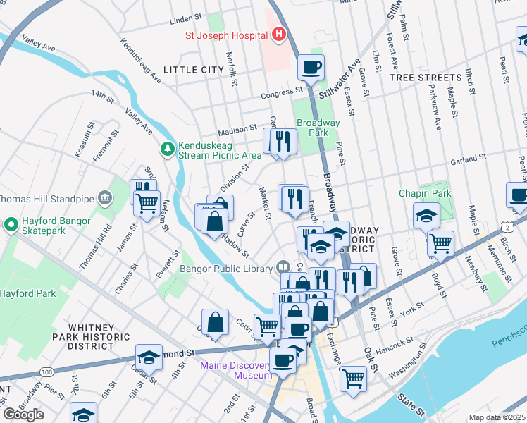 map of restaurants, bars, coffee shops, grocery stores, and more near 52 Market Street in Bangor