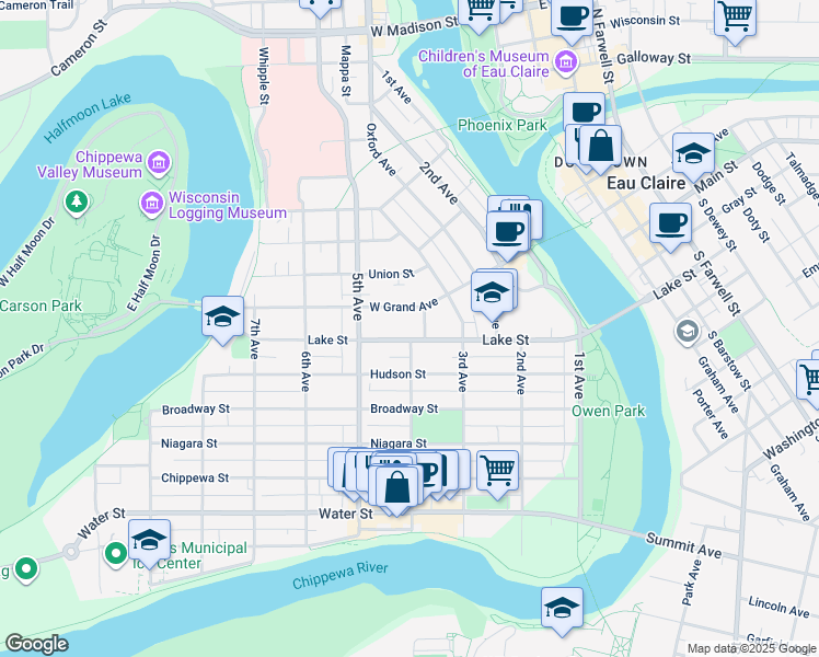 map of restaurants, bars, coffee shops, grocery stores, and more near 426 West Grand Avenue in Eau Claire