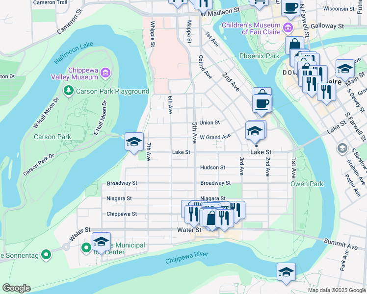 map of restaurants, bars, coffee shops, grocery stores, and more near 508 West Grand Avenue in Eau Claire