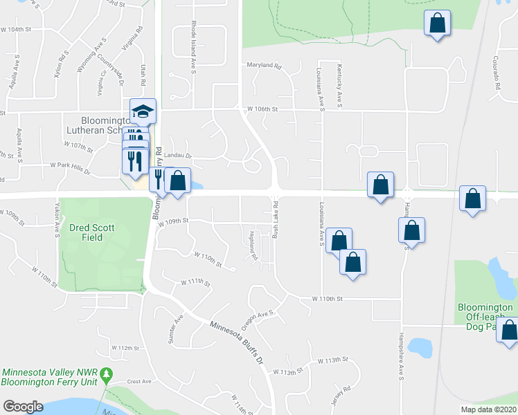 map of restaurants, bars, coffee shops, grocery stores, and more near 7101 West Old Shakopee Road in Bloomington