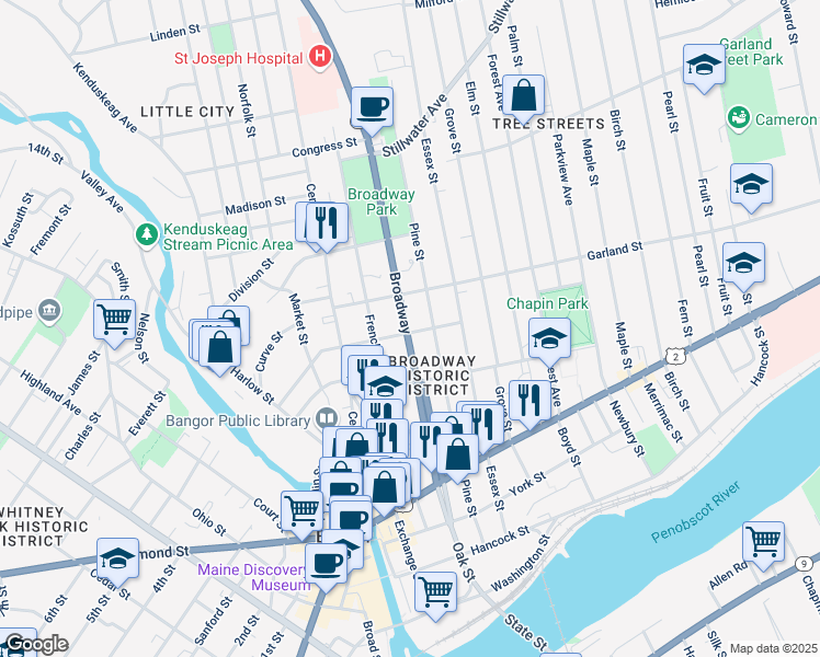 map of restaurants, bars, coffee shops, grocery stores, and more near 158 West Broadway in Bangor