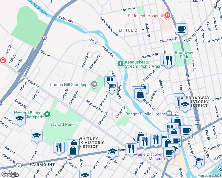 map of restaurants, bars, coffee shops, grocery stores, and more near 243 Ohio Street in Bangor