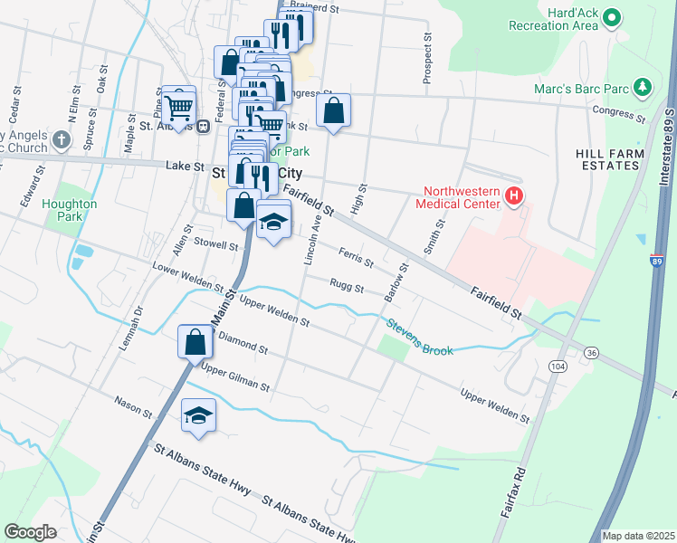 map of restaurants, bars, coffee shops, grocery stores, and more near 44 Ferris Street in Saint Albans City