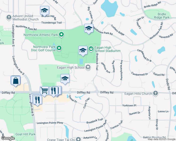 map of restaurants, bars, coffee shops, grocery stores, and more near 4185 Braddock Trail in Eagan