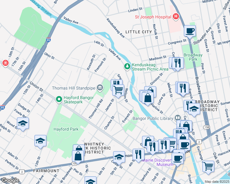map of restaurants, bars, coffee shops, grocery stores, and more near 218 Ohio Street in Bangor