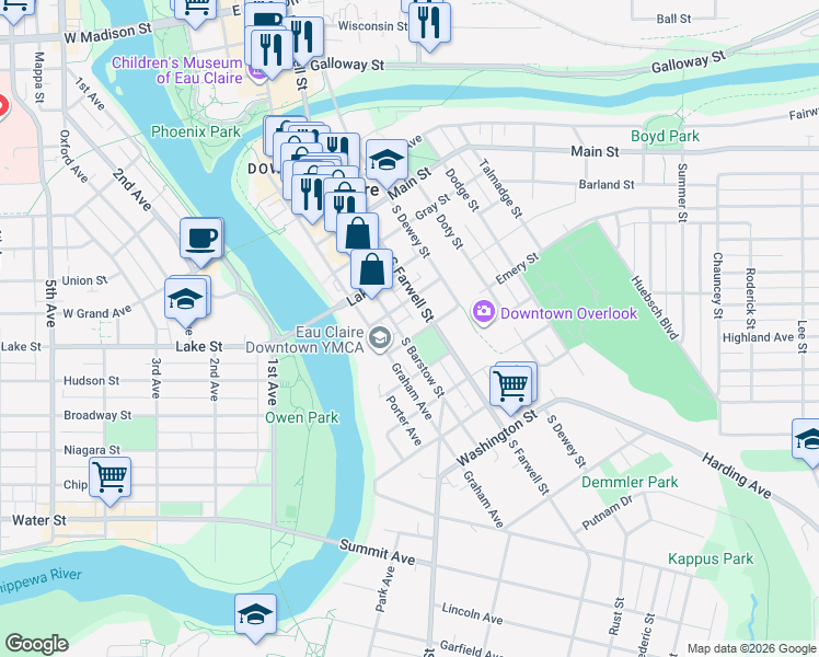 map of restaurants, bars, coffee shops, grocery stores, and more near 715 South Barstow Street in Eau Claire