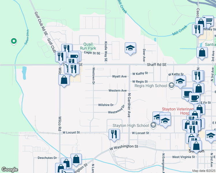 map of restaurants, bars, coffee shops, grocery stores, and more near 1715 Wilmington Place in Stayton