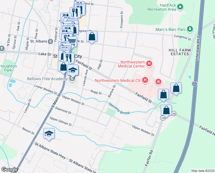 map of restaurants, bars, coffee shops, grocery stores, and more near 96 Fairfield Street in Saint Albans City