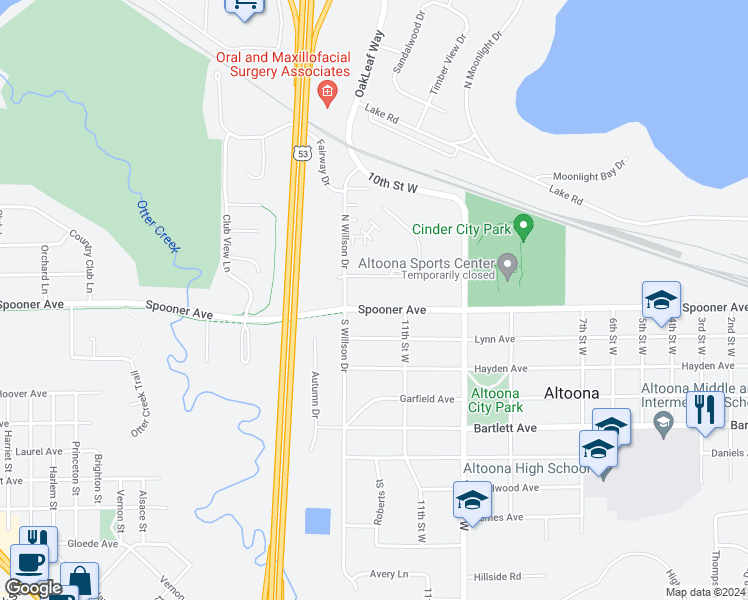 map of restaurants, bars, coffee shops, grocery stores, and more near 2535 New Pine Drive in Altoona