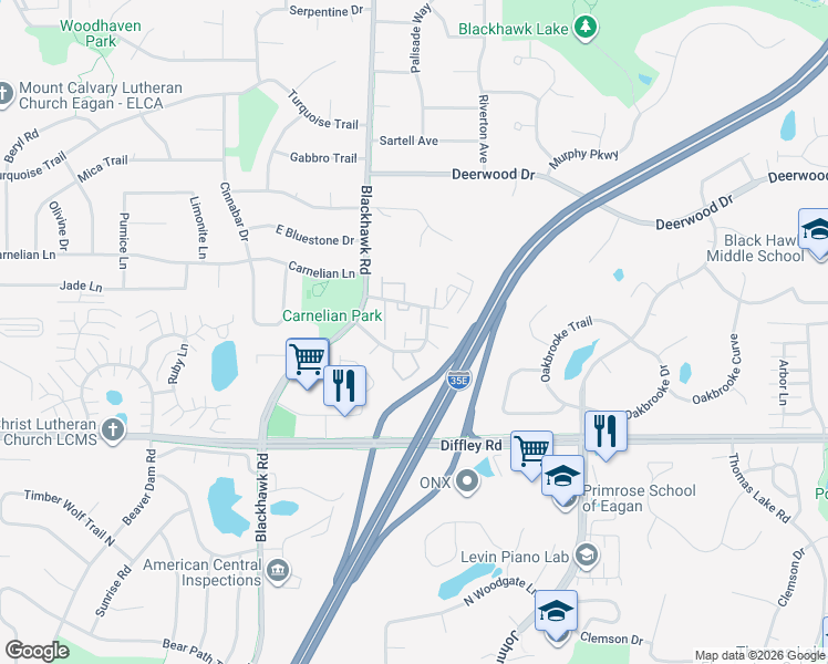 map of restaurants, bars, coffee shops, grocery stores, and more near 4102 Skylark Lane in Eagan