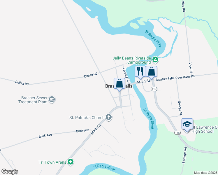 map of restaurants, bars, coffee shops, grocery stores, and more near West Main Street in Brasher