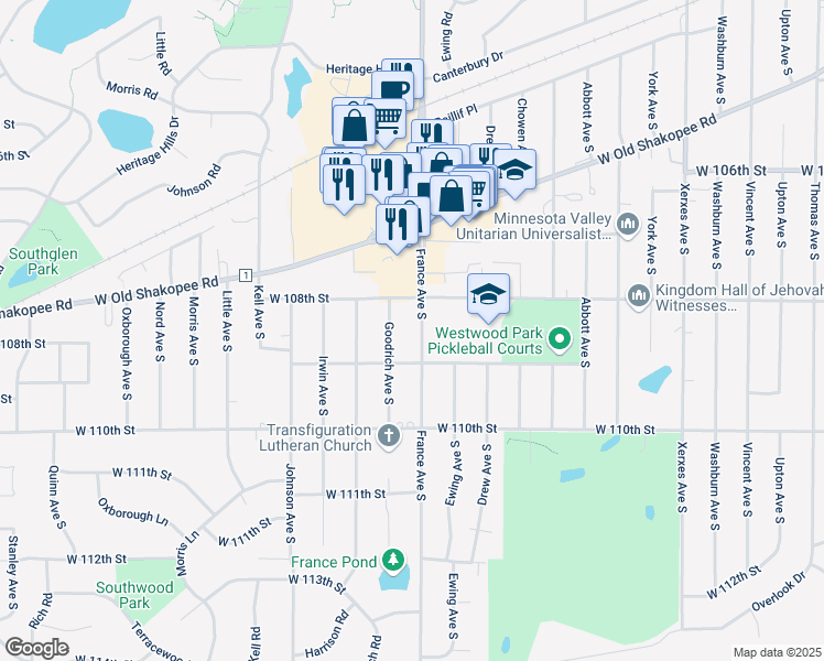 map of restaurants, bars, coffee shops, grocery stores, and more near 10808 France Avenue South in Bloomington