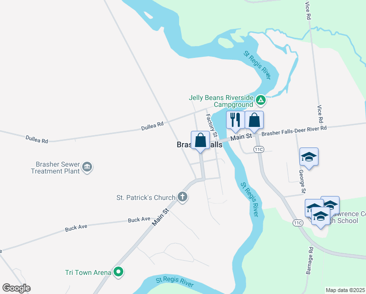 map of restaurants, bars, coffee shops, grocery stores, and more near West Main Street in Brasher