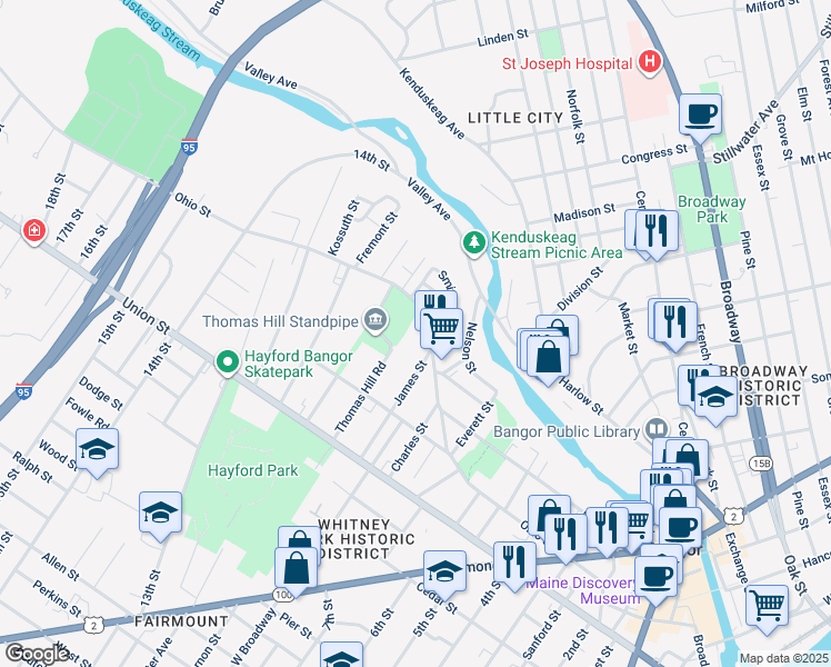 map of restaurants, bars, coffee shops, grocery stores, and more near 218 Ohio Street in Bangor