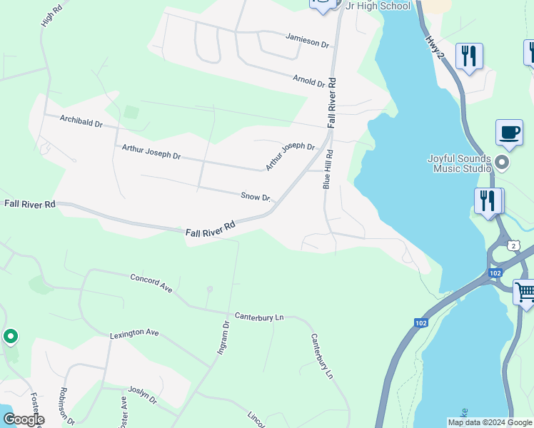 map of restaurants, bars, coffee shops, grocery stores, and more near 1185 Fall River Road in Fall River