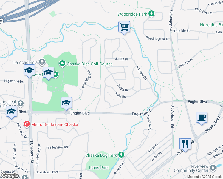 map of restaurants, bars, coffee shops, grocery stores, and more near 1-55 Judith Drive in Chaska